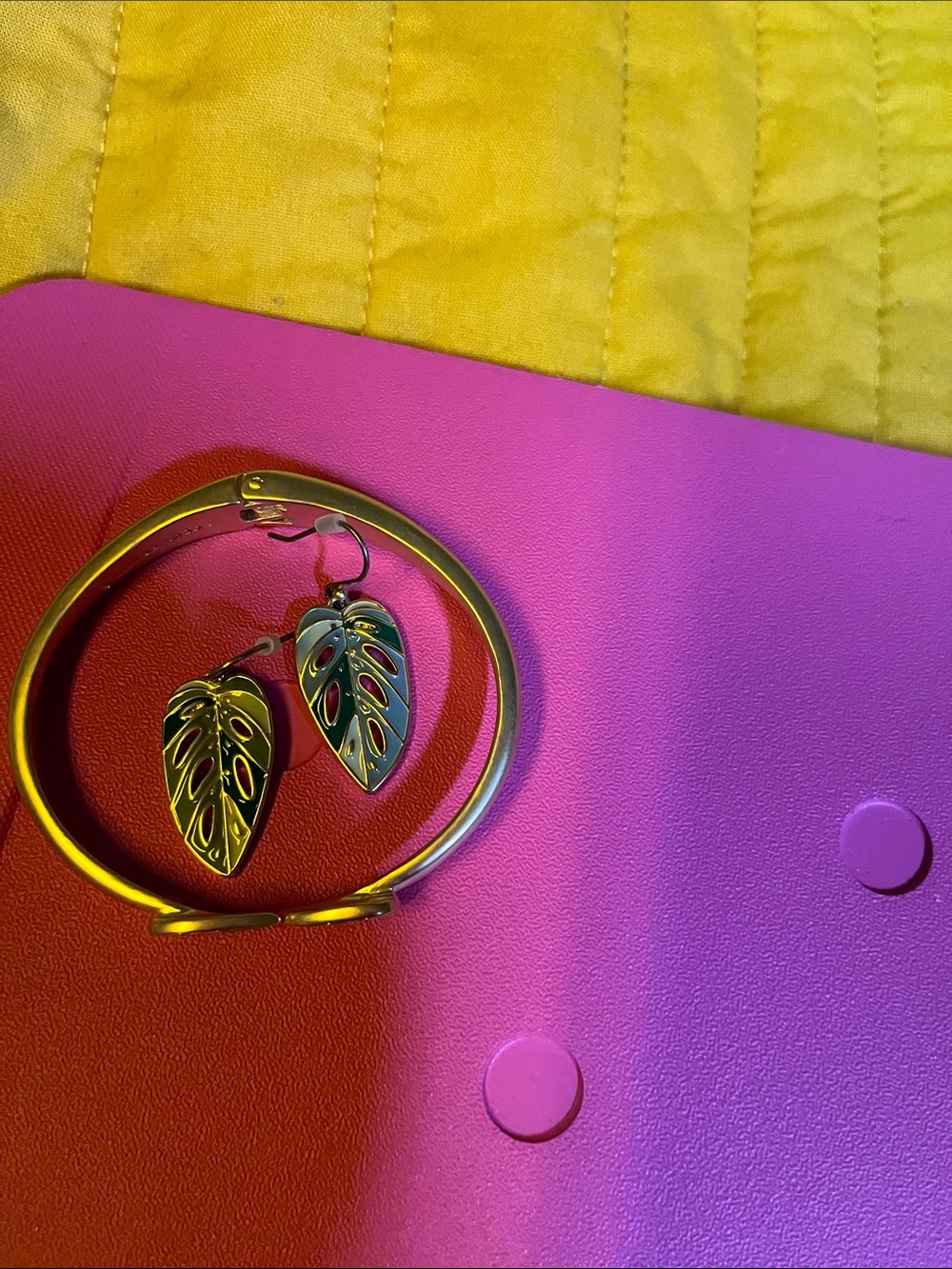 Lucky Brand Gold-Tone Bracelet with Green Enamel Leaf Accents and earrings